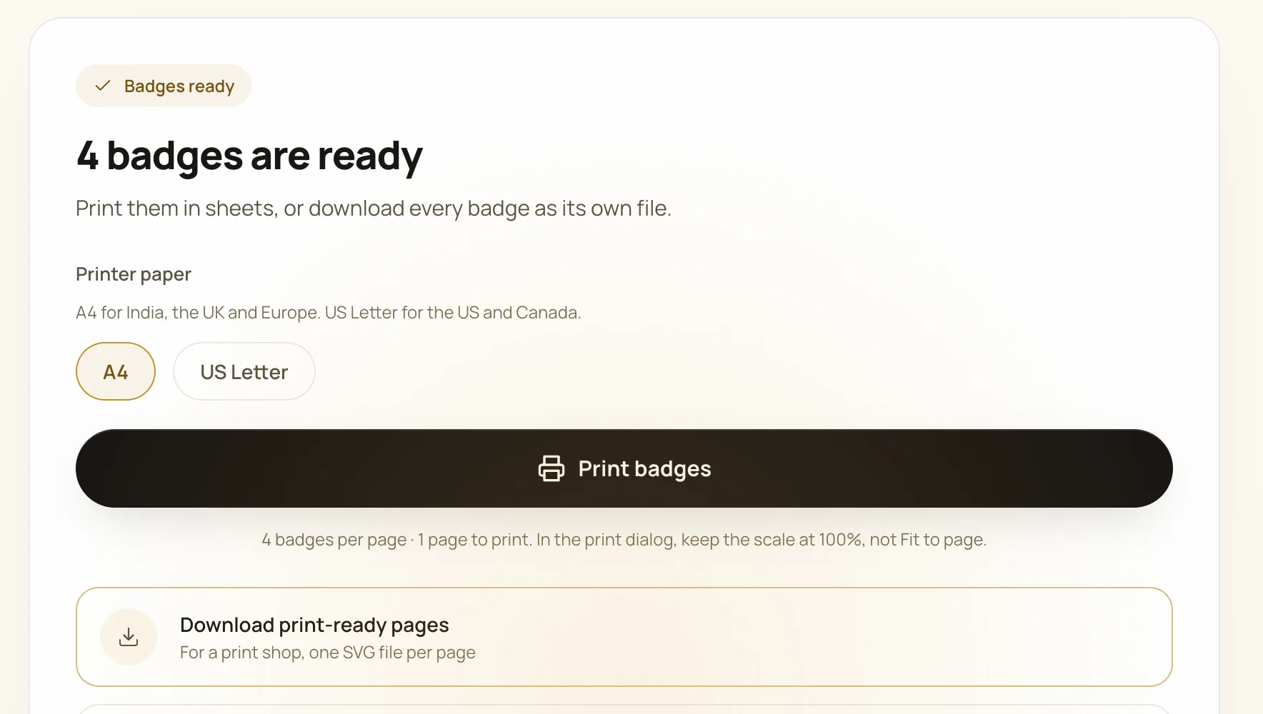 Badge Maker result screen showing how many sheets to print and print instructions