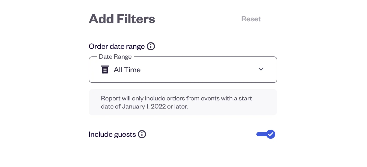 Eventbrite Attendees report Add Filters panel with Order date range set to All Time and Include guests switched on