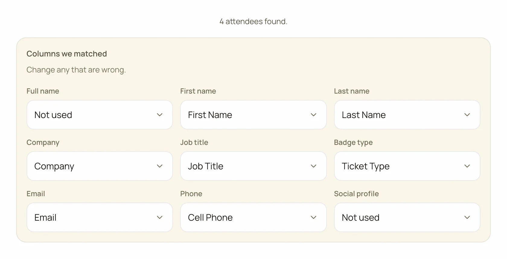 Badge Maker column matching with an Eventbrite Attendees report loaded: First name, Last name, Company, Job title, Ticket type, Email and Cell phone matched