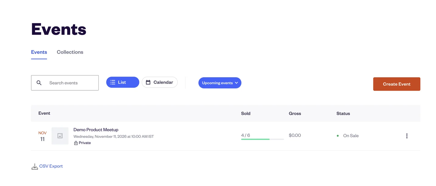 Eventbrite Events list showing Demo Product Meetup, a private event with 4 of 6 tickets sold and On Sale status
