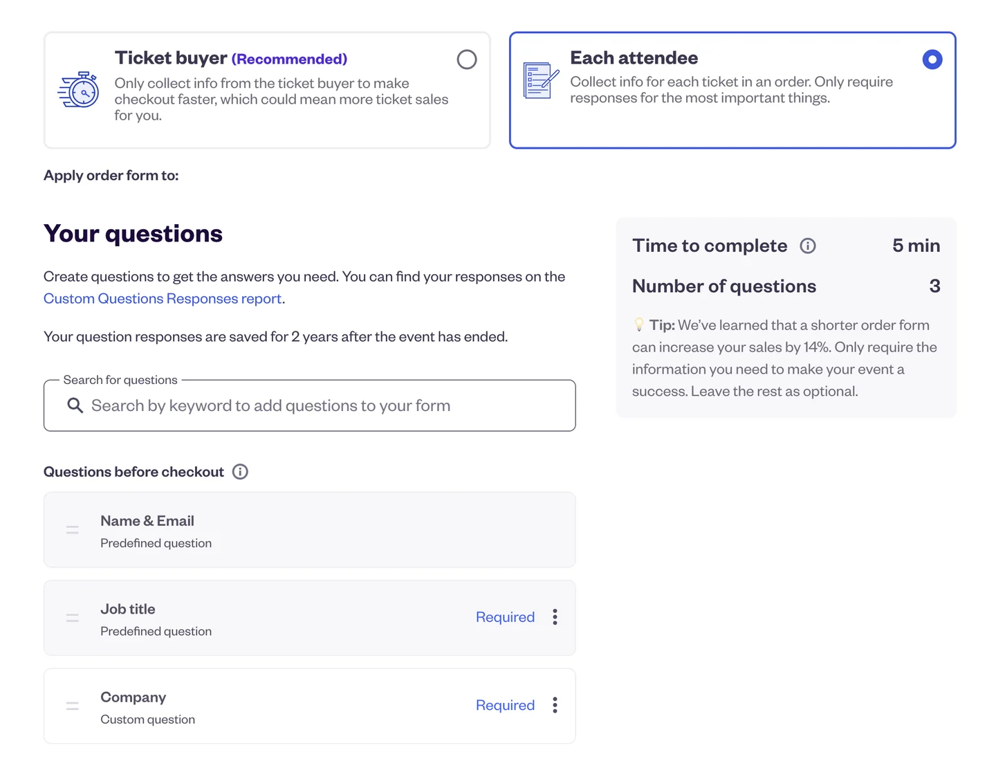 Eventbrite Order Form set to Each attendee, with Name and Email, Job title and a custom Company question under Questions before checkout, both Required
