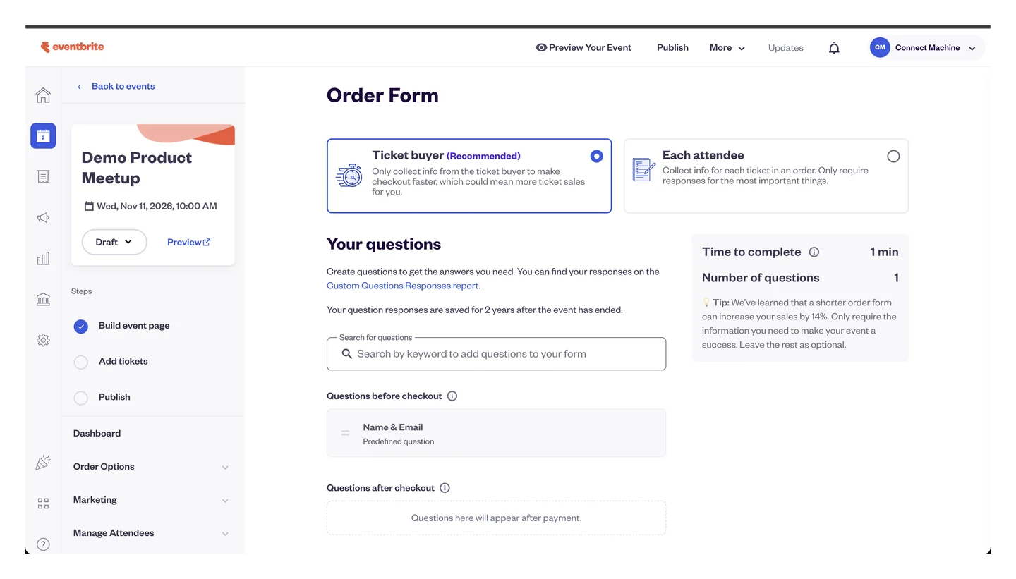Eventbrite Order Form with Ticket buyer (Recommended) selected by default and Each attendee as the other option, plus the Name and Email predefined question