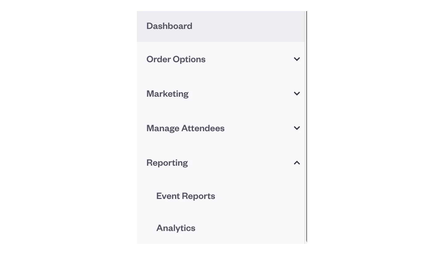 Eventbrite event menu with Reporting expanded to show Event Reports and Analytics