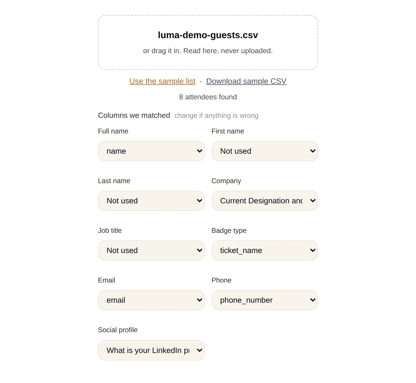 Badge Maker column matching with a Luma guest CSV: name, Current Designation and Company, ticket_name, email, phone_number and the LinkedIn question matched