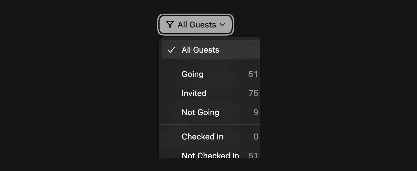 Luma guest filter menu with All Guests, Going, Invited, Not Going, Checked In and Not Checked In, each with a count