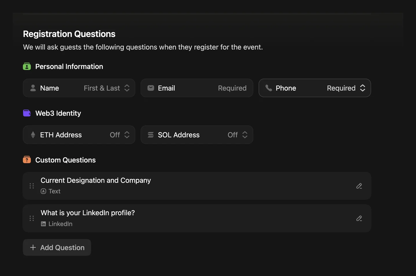 Luma Registration Questions section with Name, Email and Phone, plus custom questions Current Designation and Company and What is your LinkedIn profile