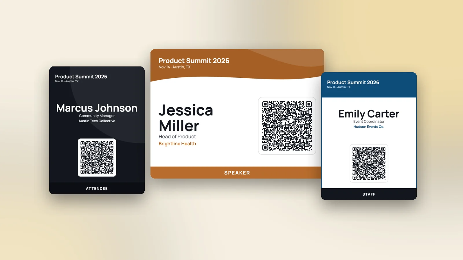 Three printed name tags with contact QR codes for a community meetup: an attendee, a speaker and a staff member