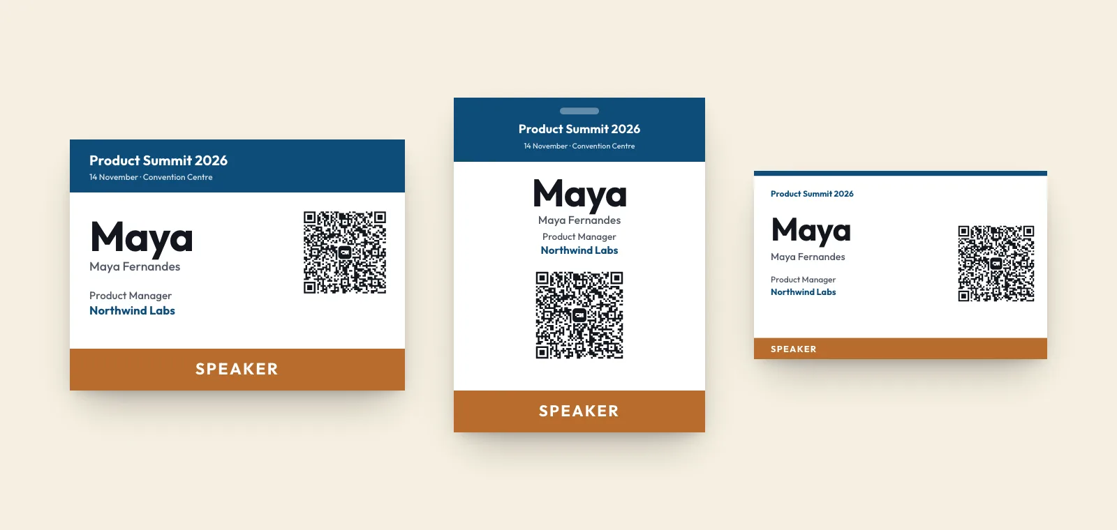 The same name tag template at three sizes: a 4 x 3 inch landscape badge, a 3 x 4 inch portrait badge and a 3.5 x 2.25 inch stick-on name tag