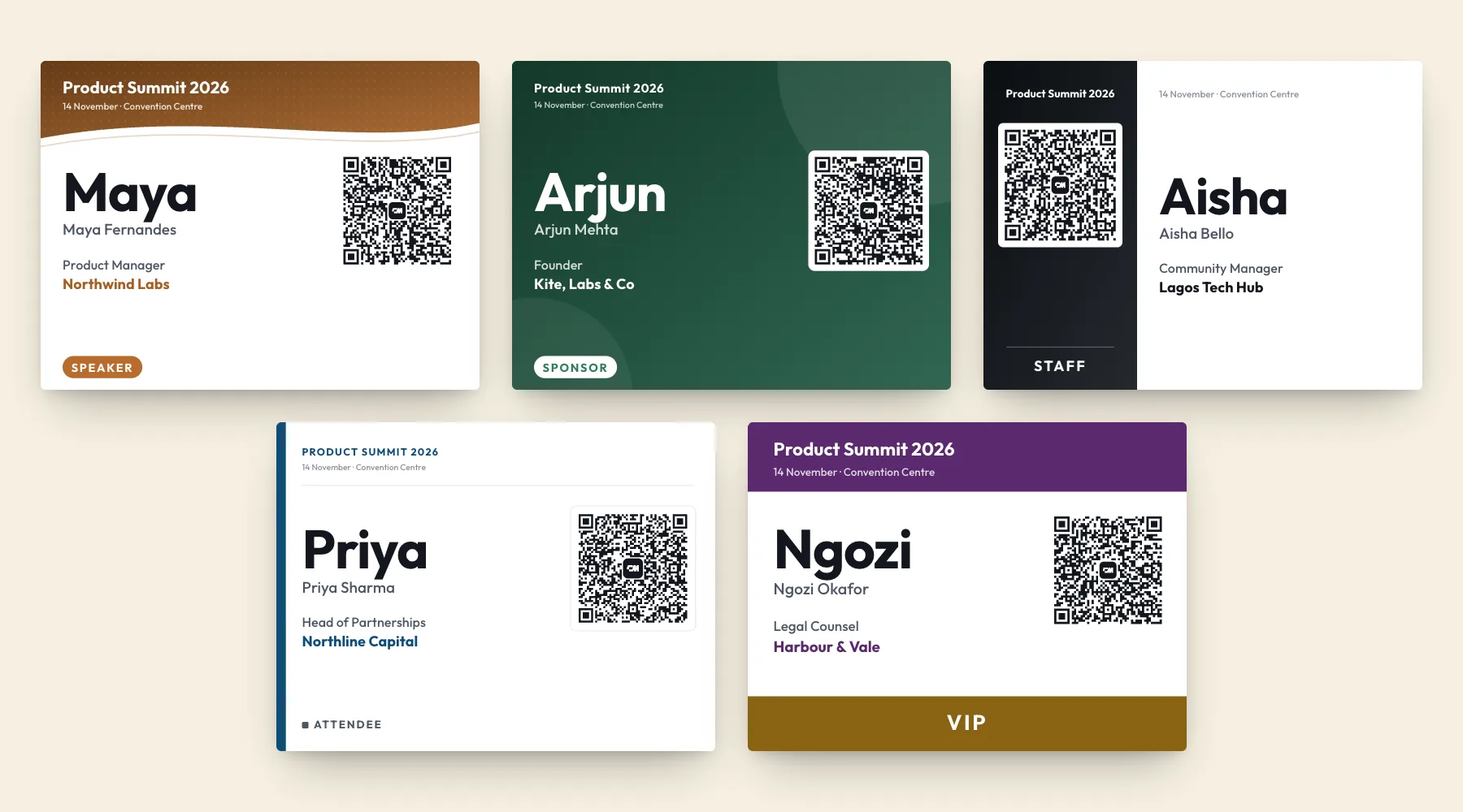The five free conference badge templates: Wave, Bold, Split, Minimal and Classic, each showing a large first name, job title, company, badge type and QR code