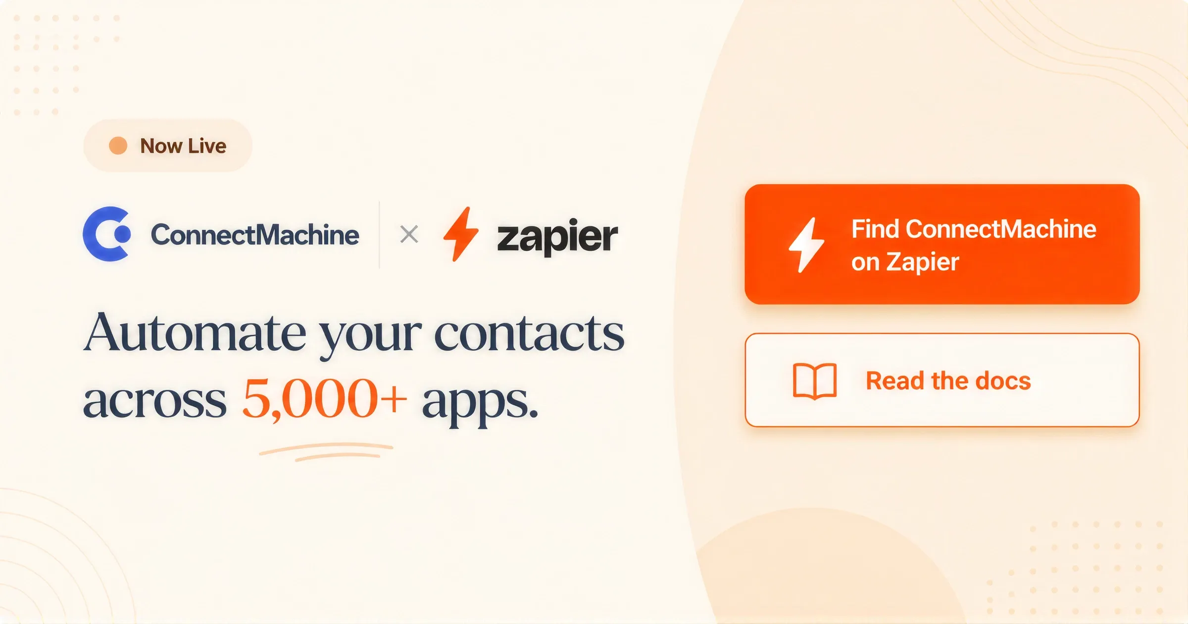 ConnectMachine e Zapier sono ora attivi insieme, con i link per trovare ConnectMachine su Zapier e leggere la documentazione Zapier