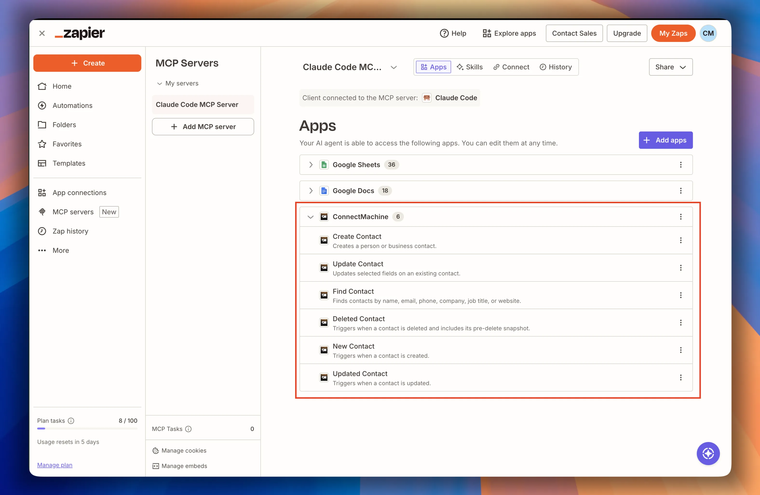 The Zapier MCP server settings with ConnectMachine expanded, listing its six actions: Create Contact, Update Contact, Find Contact, Deleted Contact, New Contact, and Updated Contact