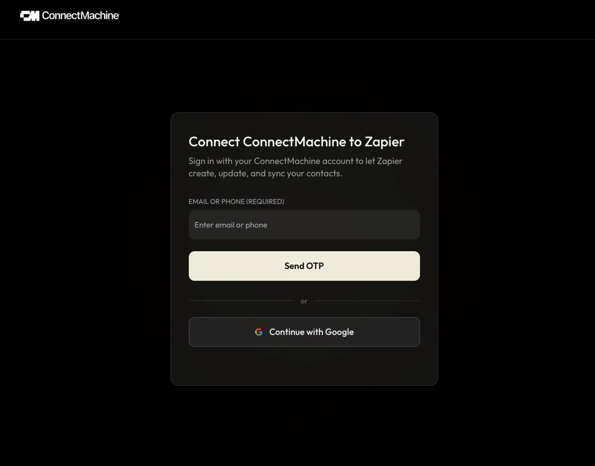 ConnectMachine 面向 Zapier 的授权页面,列出所申请的联系人和 webhook 权限