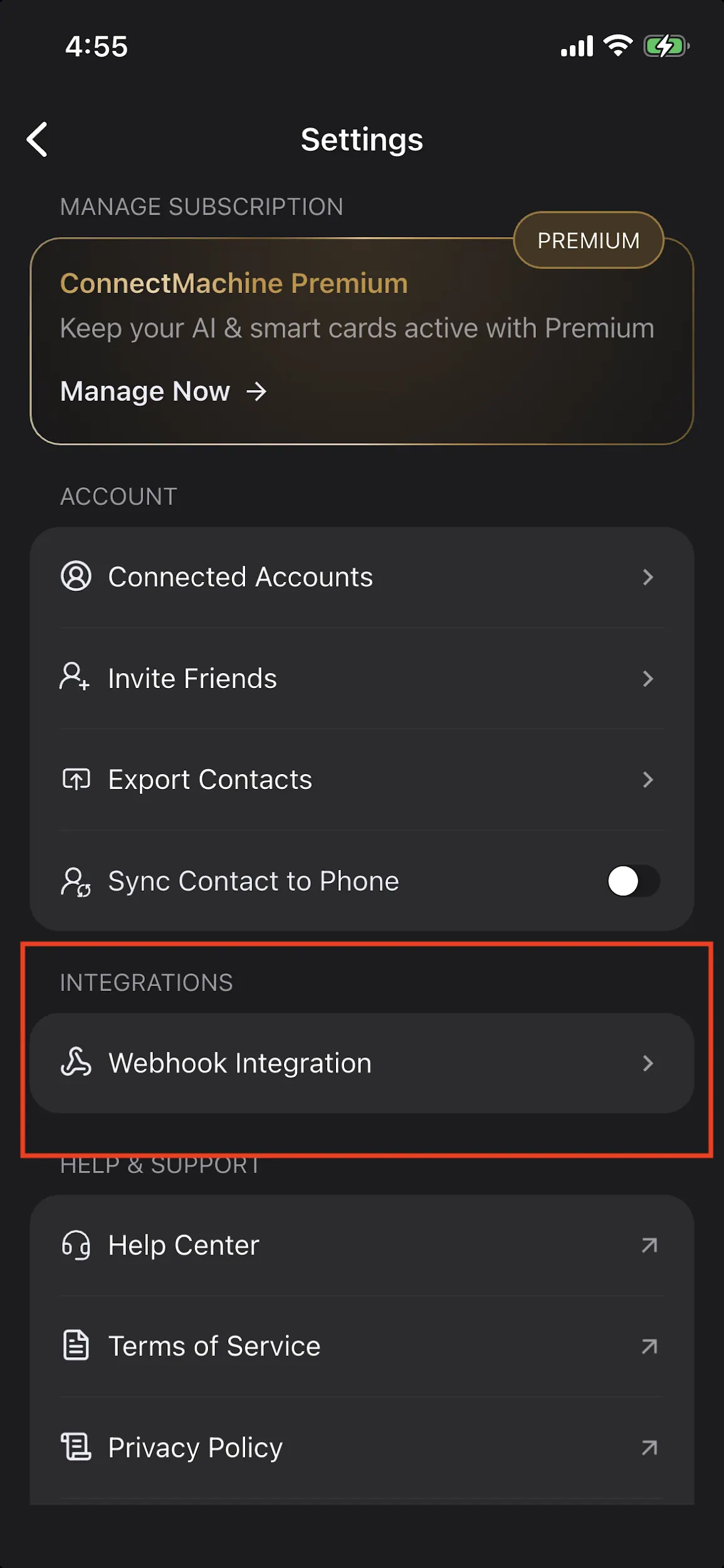 ConnectMachine 设置页面,“集成”下显示“Webhook 集成”