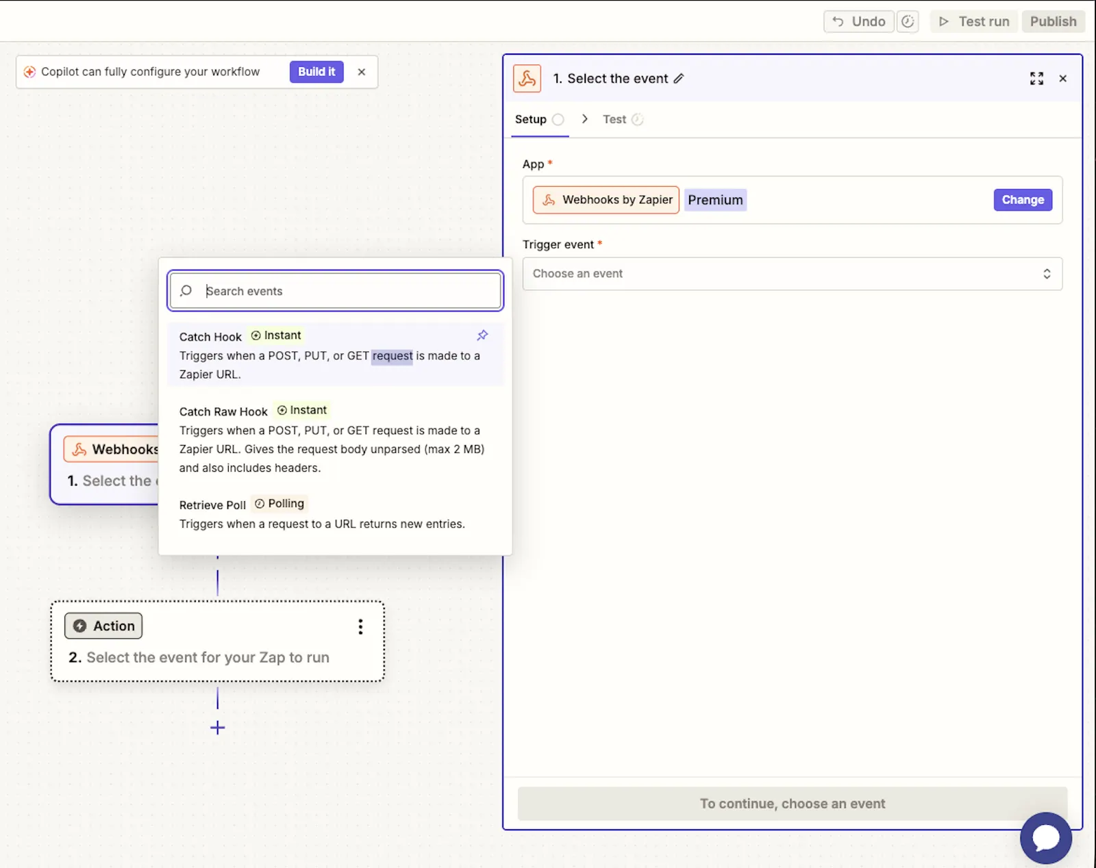 Zapier 触发器设置界面,已选择 Webhooks by Zapier 和 Catch Hook