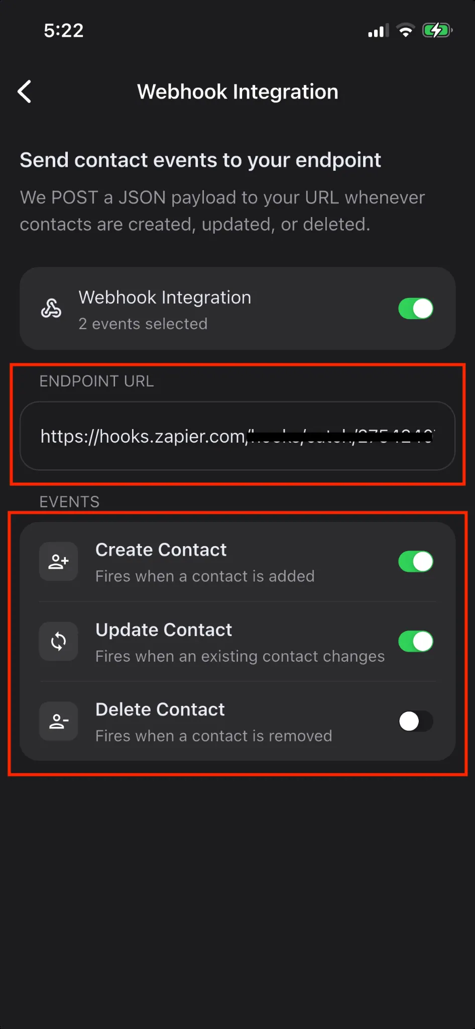 ConnectMachine Webhook 集成页面,含端点 URL 和事件开关