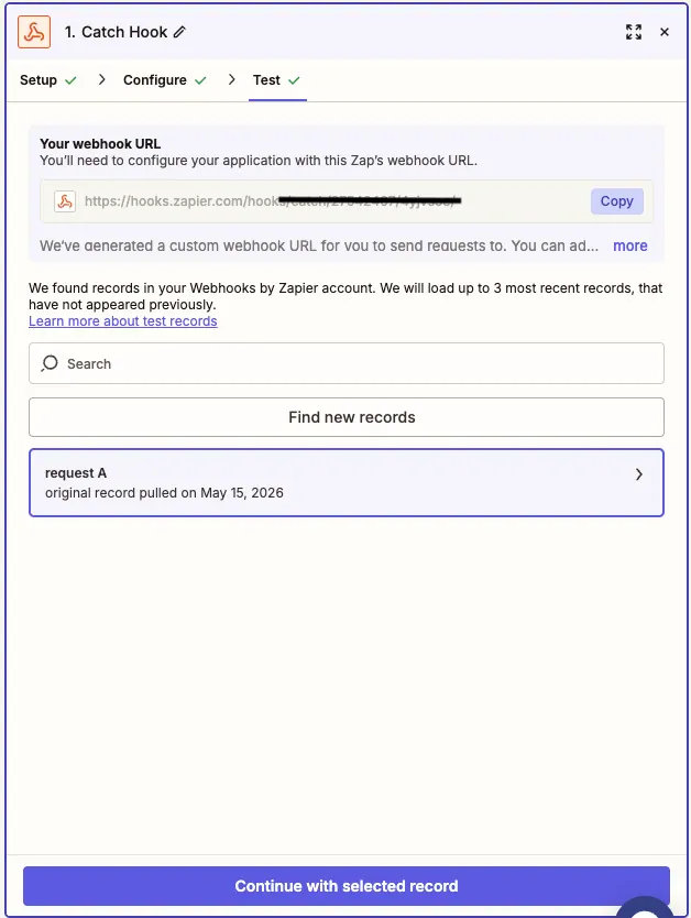 Zapier Catch Hook 界面,显示生成的 webhook URL 和复制按钮