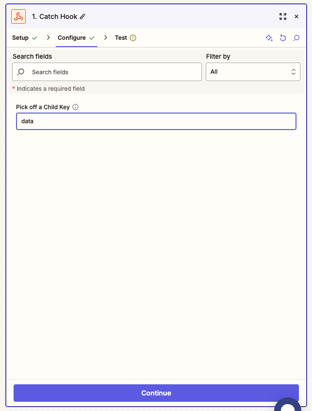 Zapier Catch Hook 配置界面,子键已设为 data
