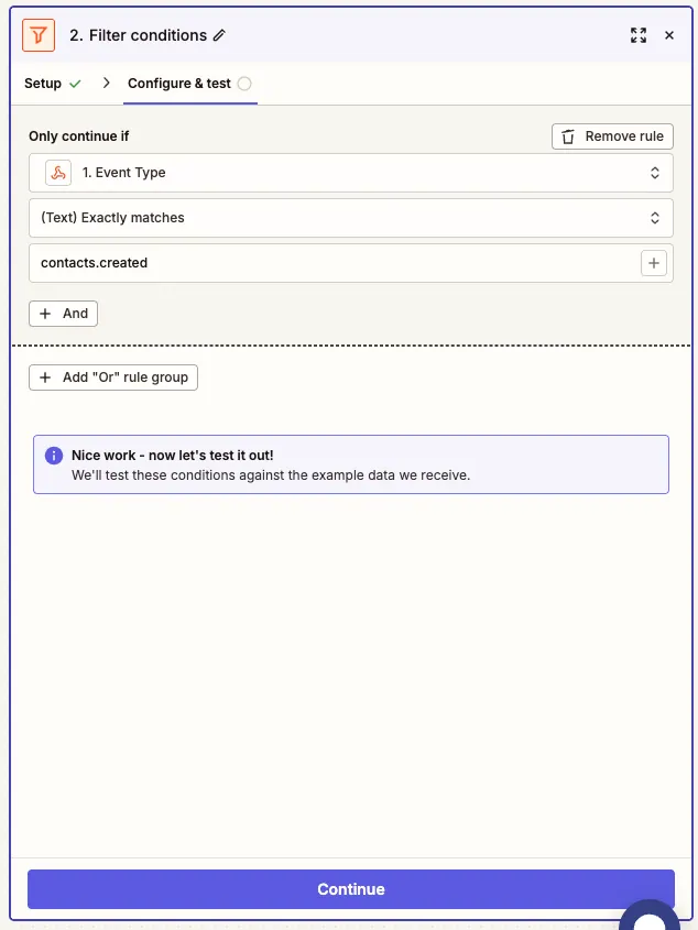 Zapier 过滤器配置为 Event Type 完全匹配 contacts.created
