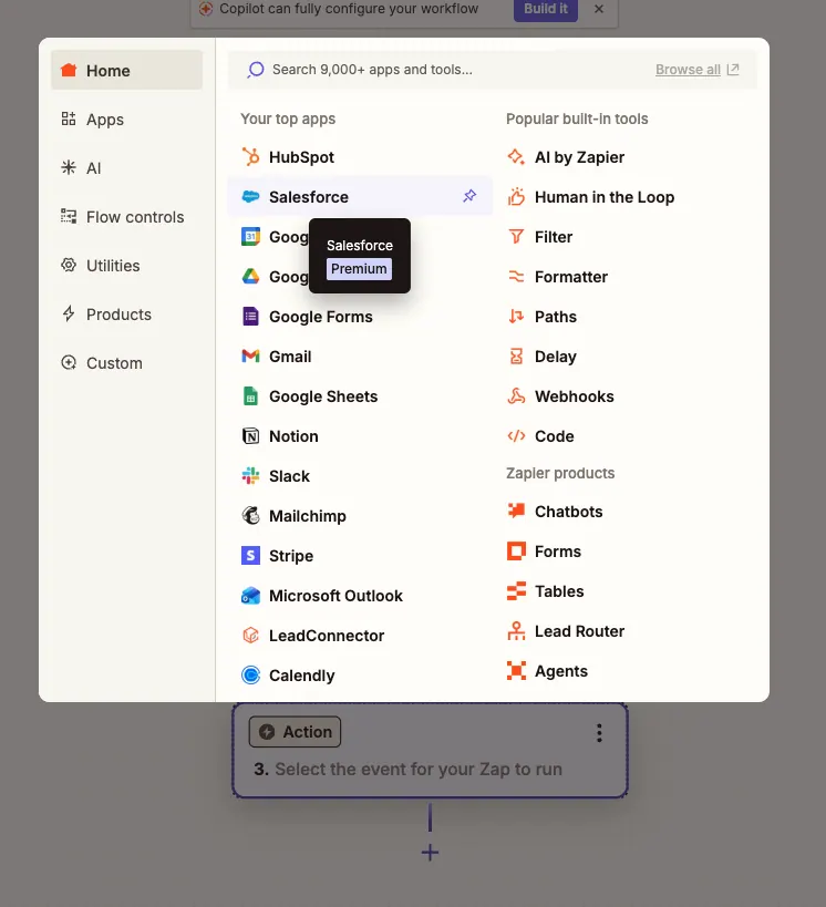 Zapier 动作选择界面,显示可连接的 CRM 应用