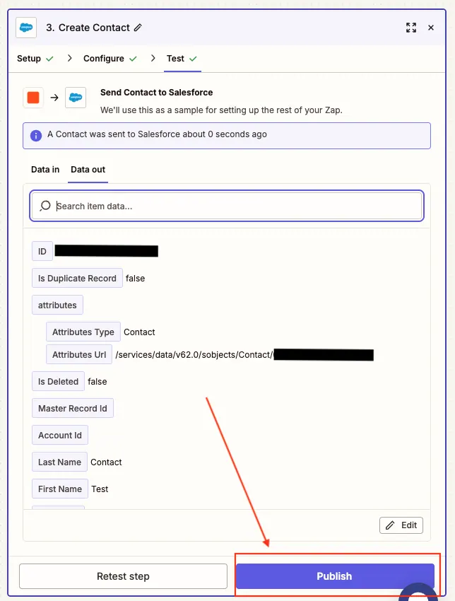 Zapier 测试结果显示 CRM 已接收映射后的联系人数据