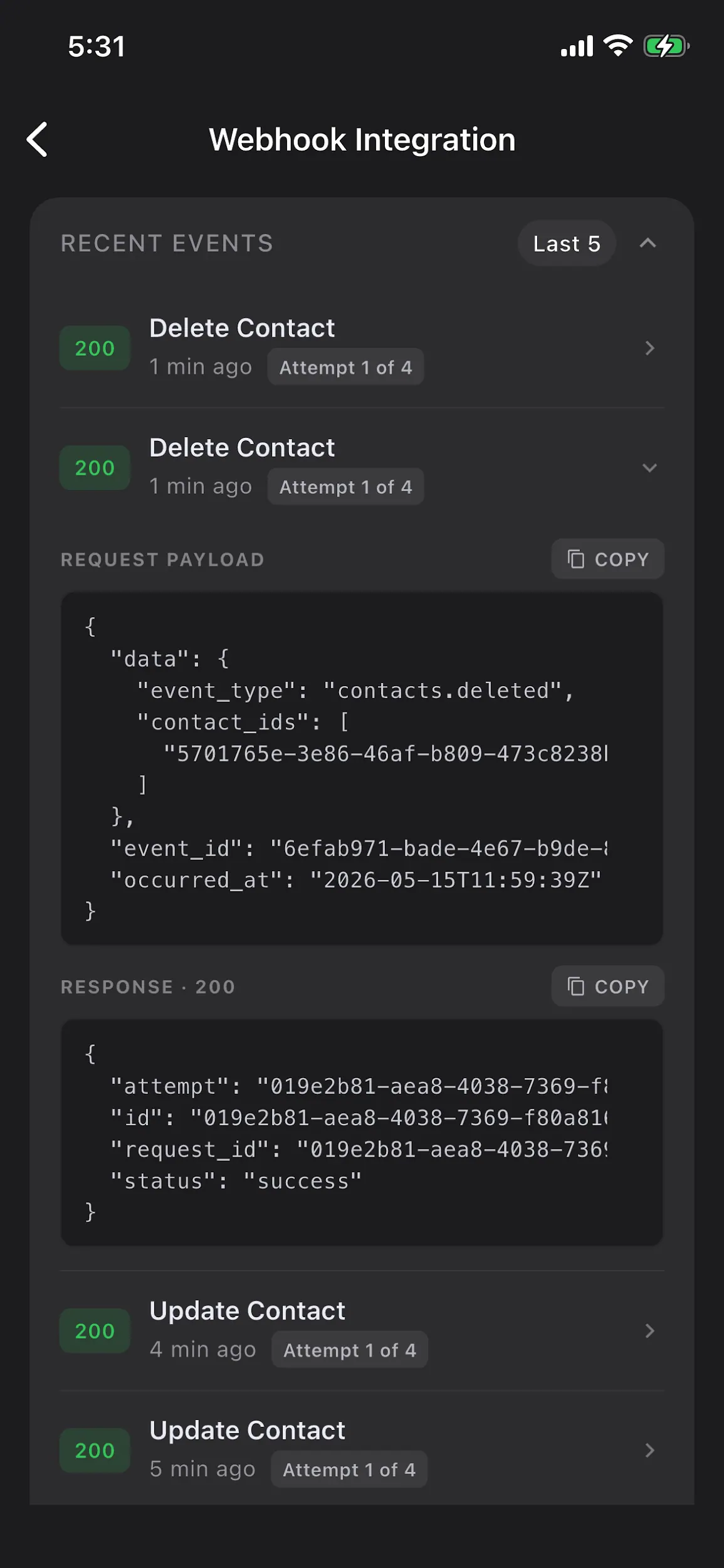 ConnectMachine 最近 webhook 事件页面,含请求和响应负载