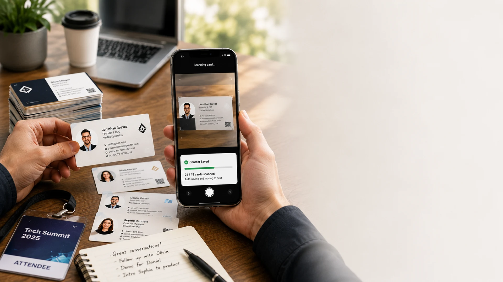 Diversi biglietti da visita cartacei vengono digitalizzati in un elenco di contatti organizzato