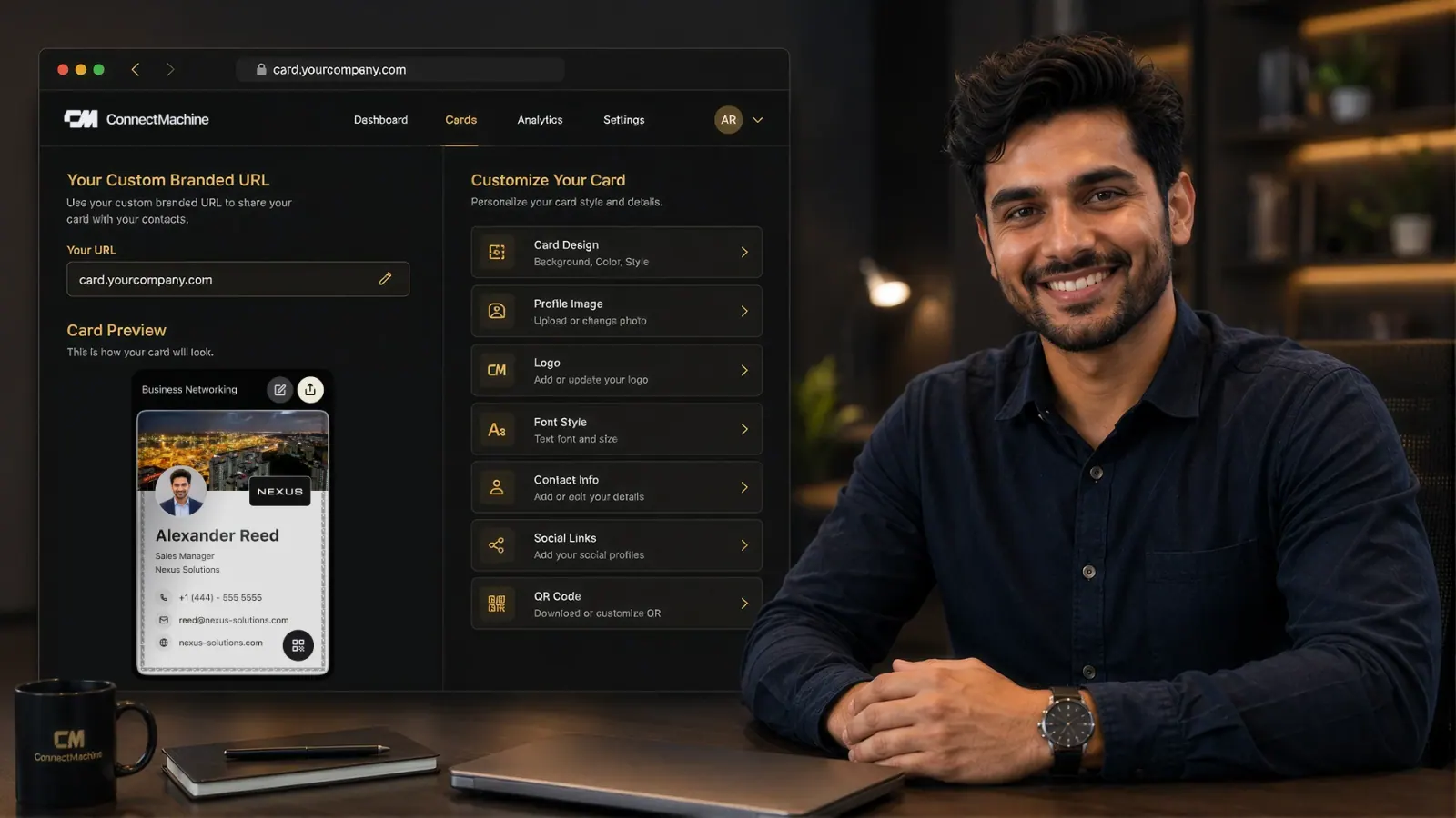 Tarjeta de presentación de marca ConnectMachine mostrada en el dominio personalizado de una empresa
