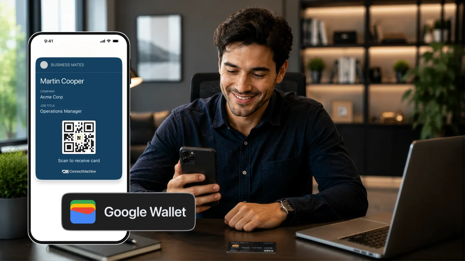 Biglietto da visita ConnectMachine visualizzato all'interno di Google Wallet su un telefono Android