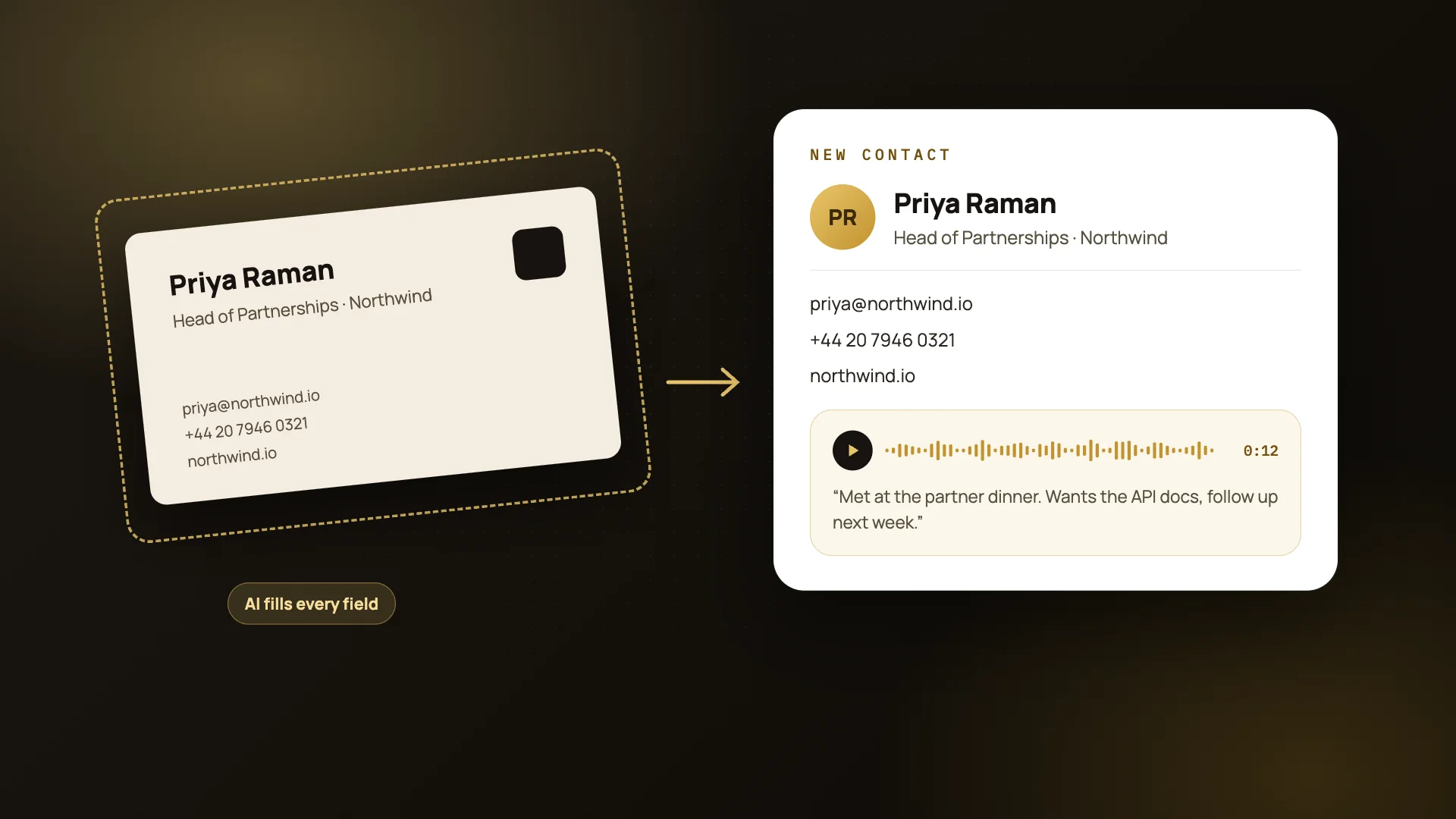 A business card scanned into a ConnectMachine contact with a voice note pinned to it