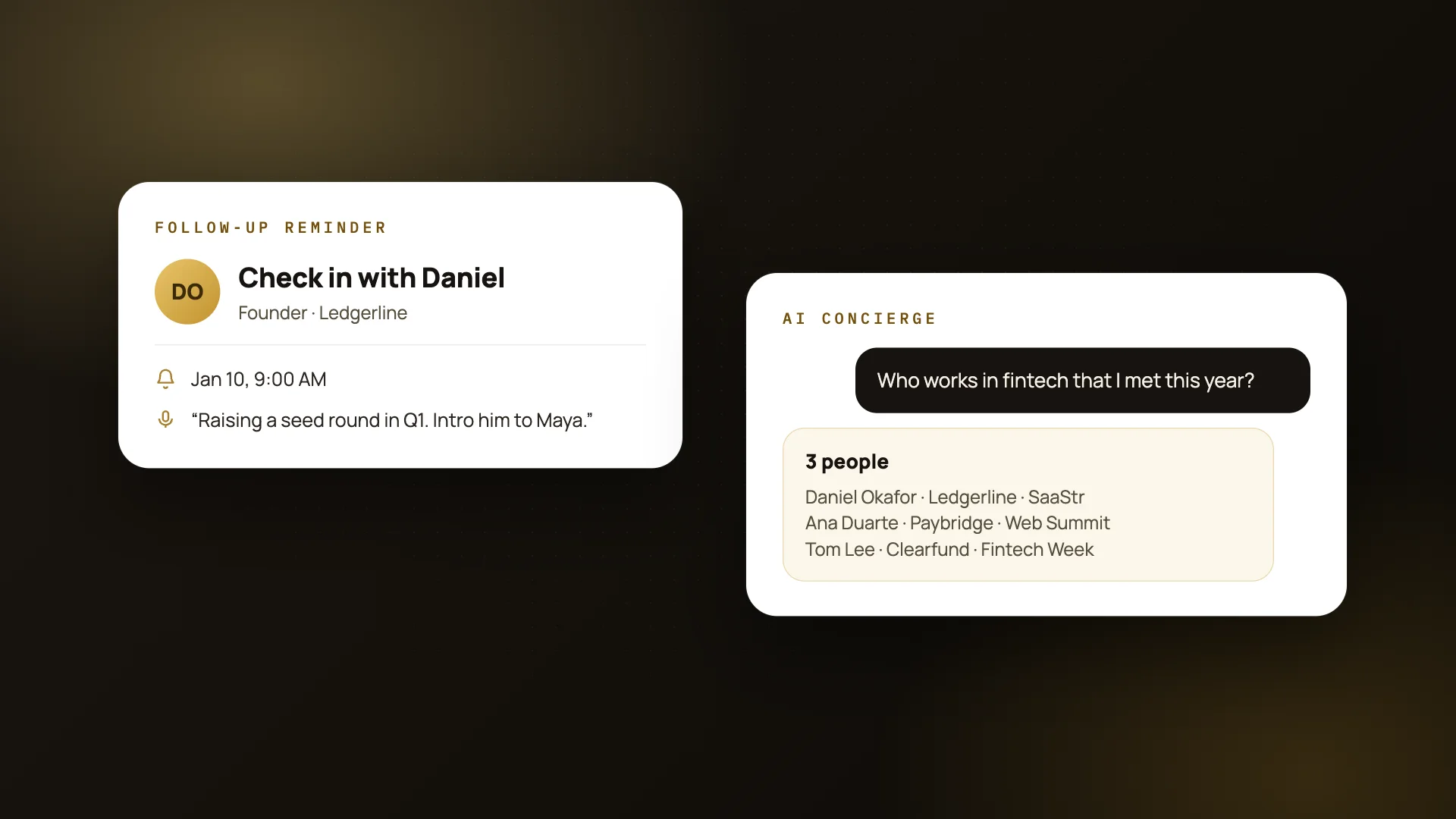 A follow-up reminder and an AI Concierge search finding a contact by what was discussed